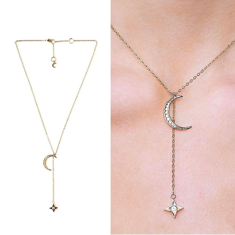 Gold Crescent Moon and Star Lariat Necklace